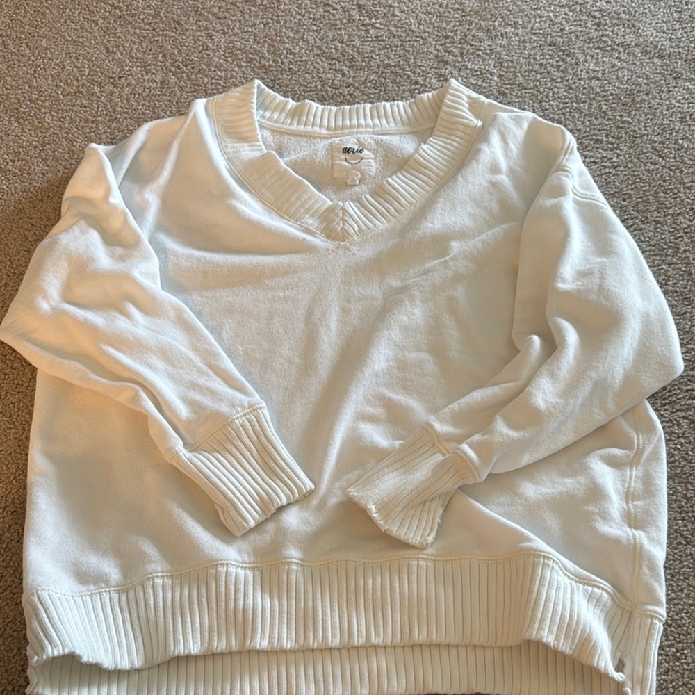 Aerie White V-Neck Sweater Classic Knit